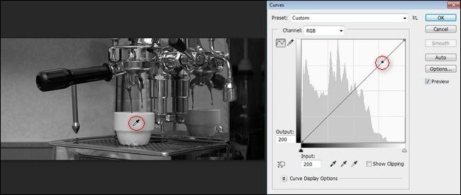 Позиция точки на кривой при выборе белой области чашки