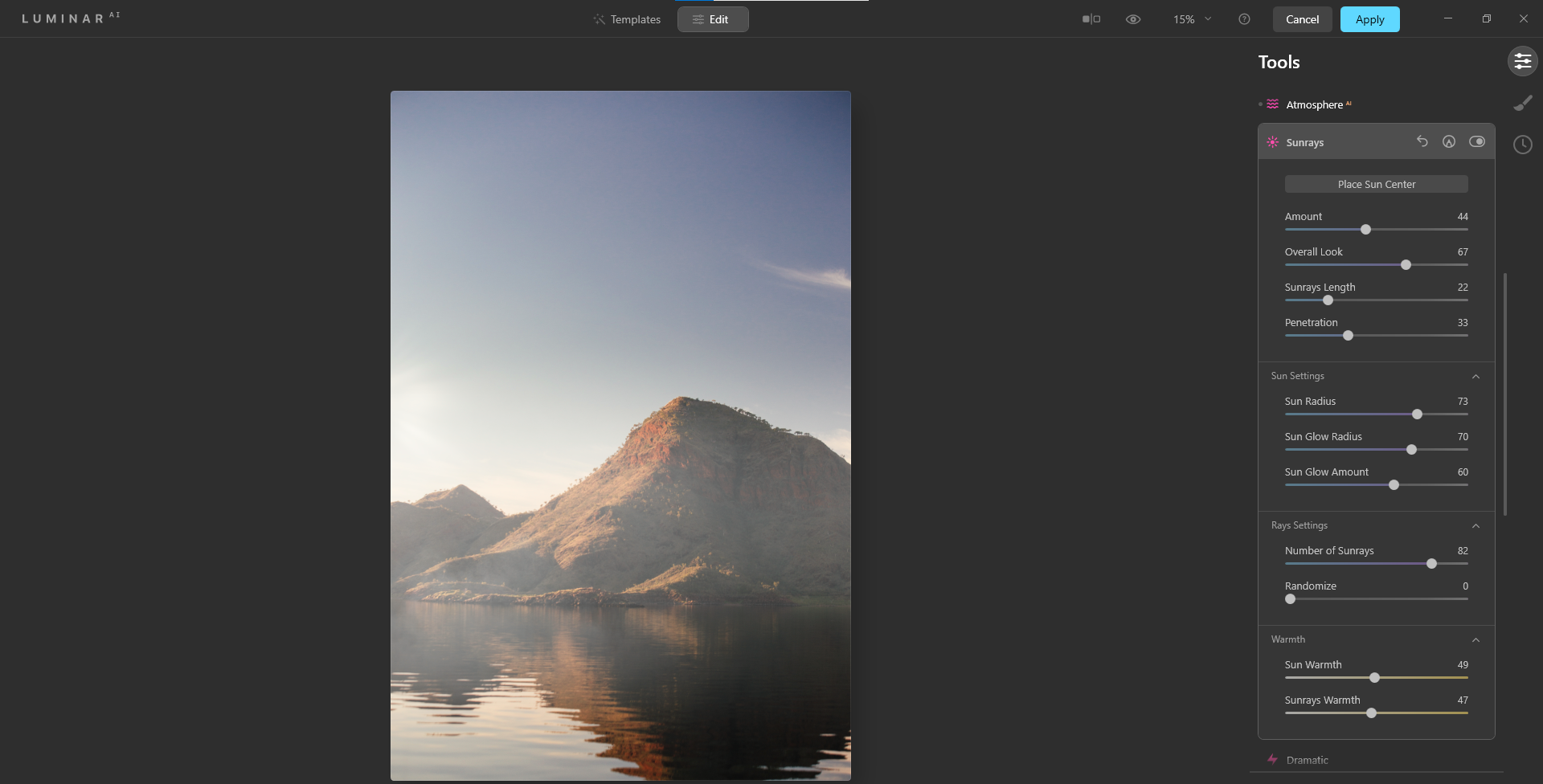 Пейзаж с добавленным солнцем слева, слабые лучи и лёгкий туман