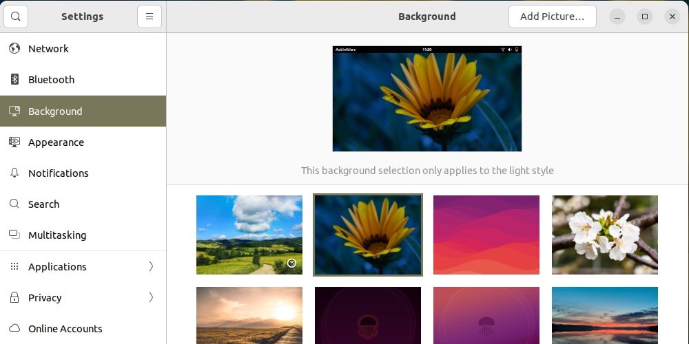 Изменение фонового изображения через меню Фон в Ubuntu