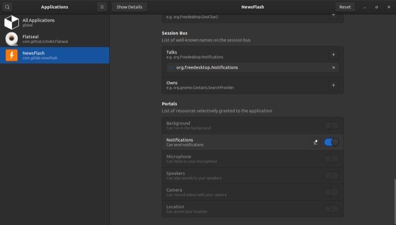 Кнопка «Сброс» рядом с переключателем разрешения в Flatseal