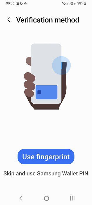 Доступные методы верификации в Samsung Wallet, включая отпечаток пальца.