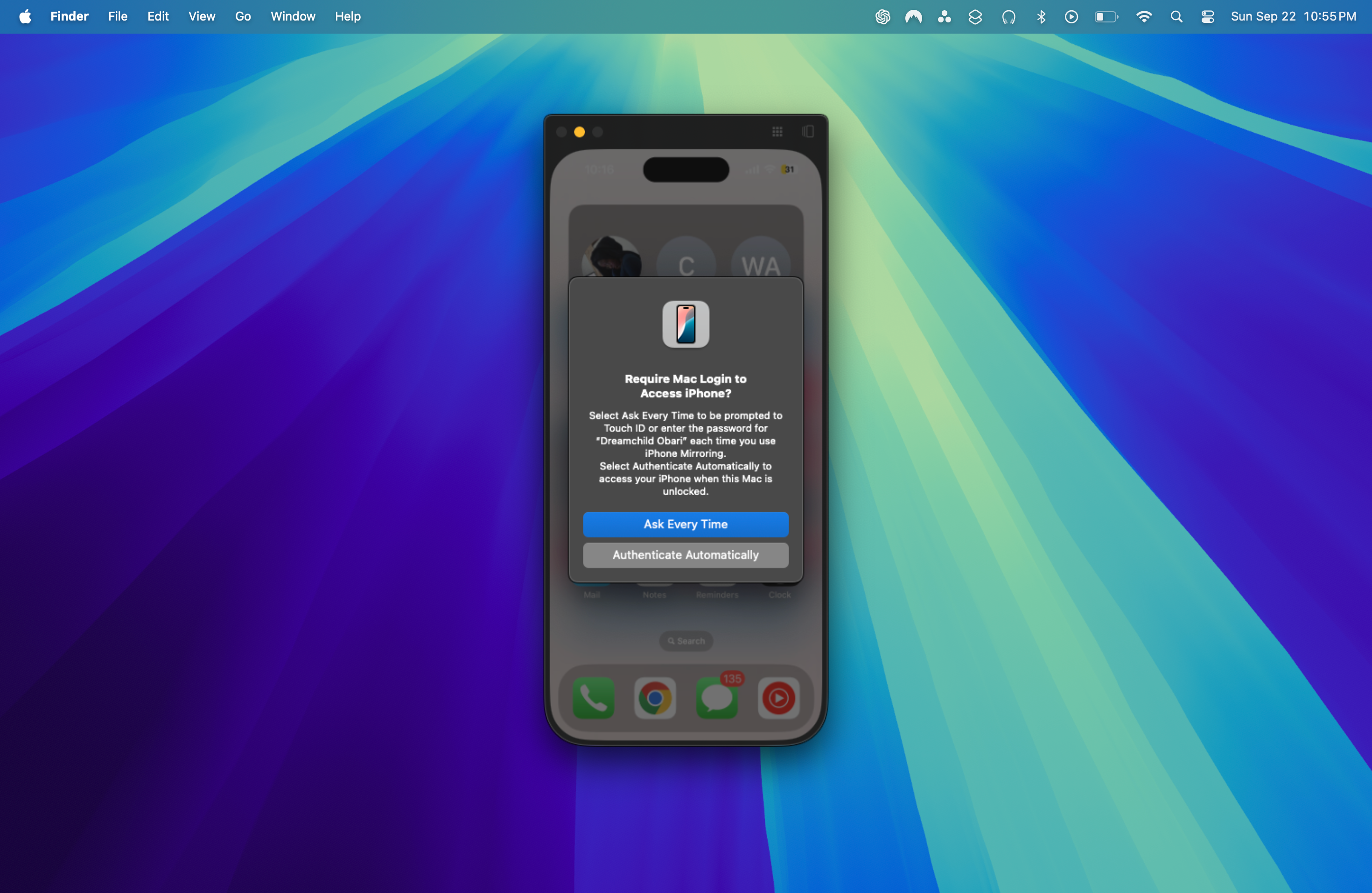 Параметры доступа iPhone Mirroring