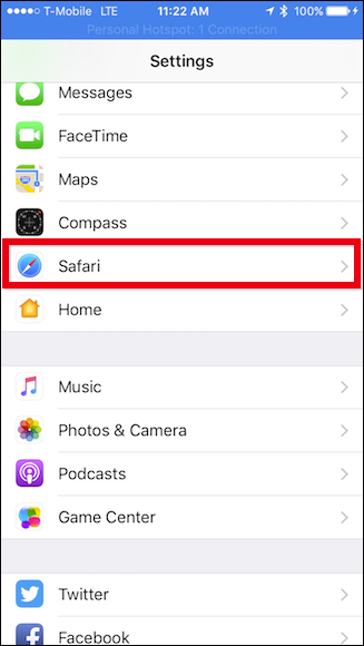 Экран «Настройки → Safari» на iPhone