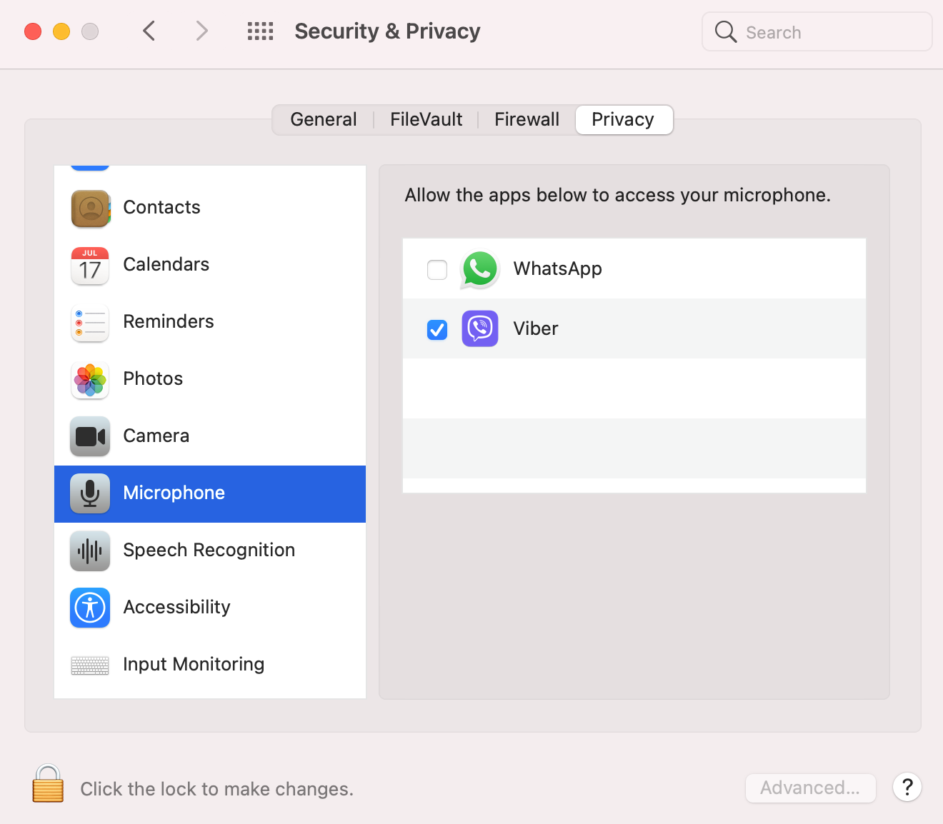 Окно конфиденциальности macOS с разделом Микрофон