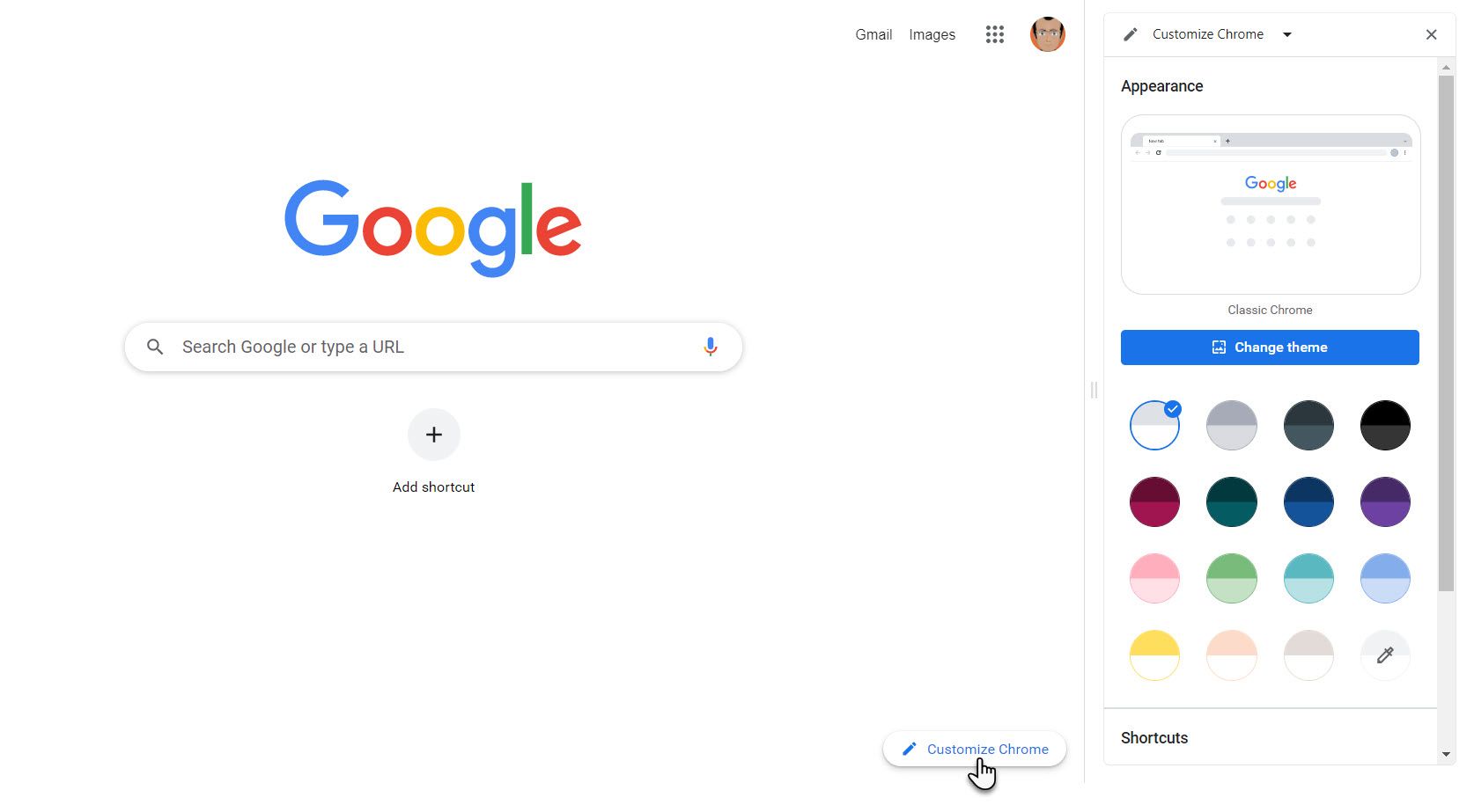 Кнопка «Настроить Chrome» в новой вкладке