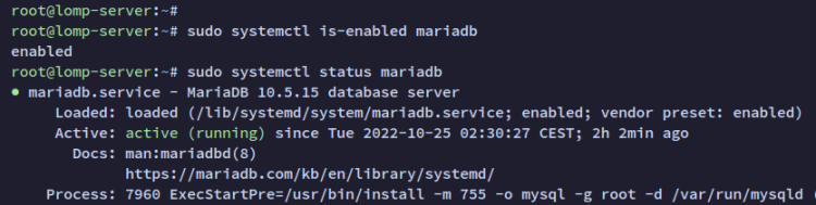Статус службы MariaDB