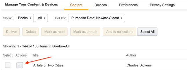Нажмите меню рядом с книгой на Amazon
