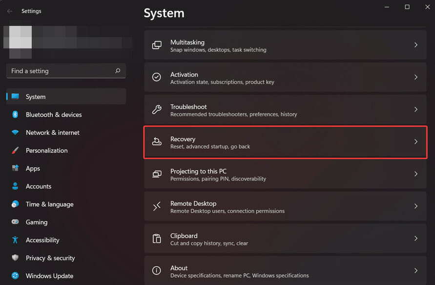 Раздел Восстановление в системных параметрах