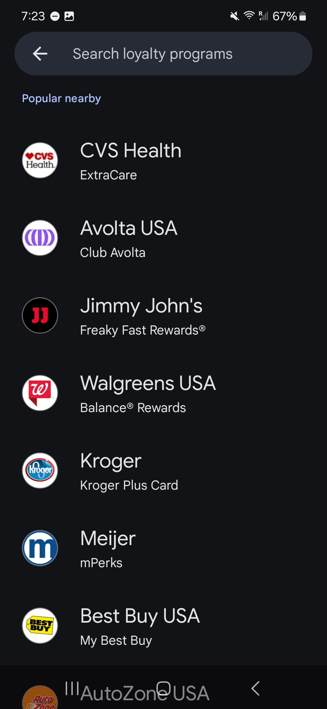 Список магазинов и программ в приложении Google Wallet.