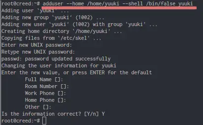 Окно создания пользователя в системе