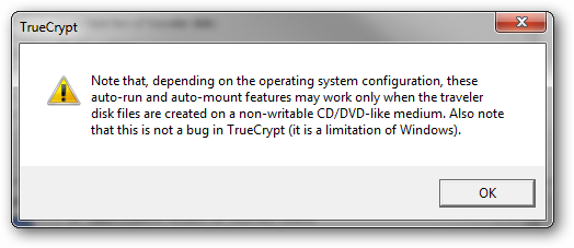 Предупреждение TrueCrypt о правах и автозапуске