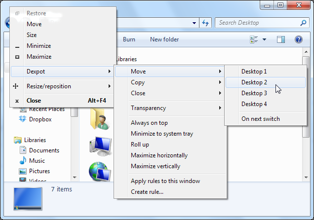 Контекстное меню окна с командами Dexpot для управления окном