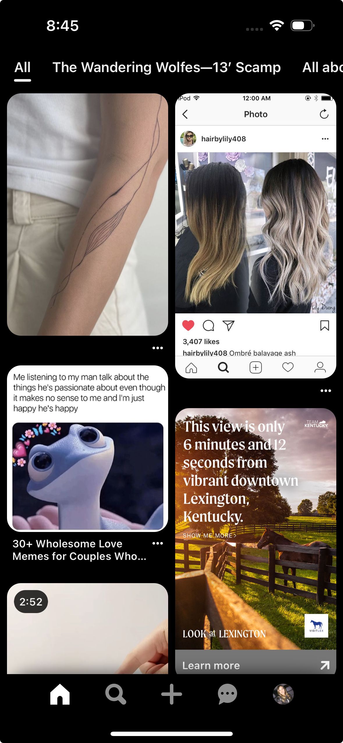 Screenshot of Pinterest app with dark mode enabled on iPhone