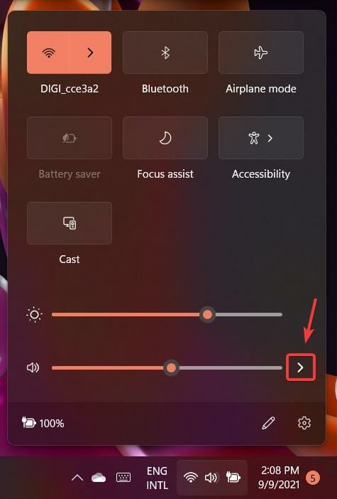 Окно трея со стрелкой для выбора устройства