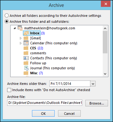 Диалог Archive для выбора папки, даты и места сохранения архивного файла