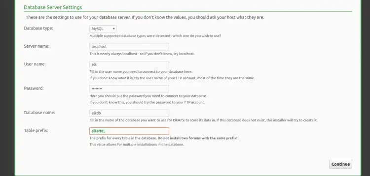 Настройки базы данных ElkArte