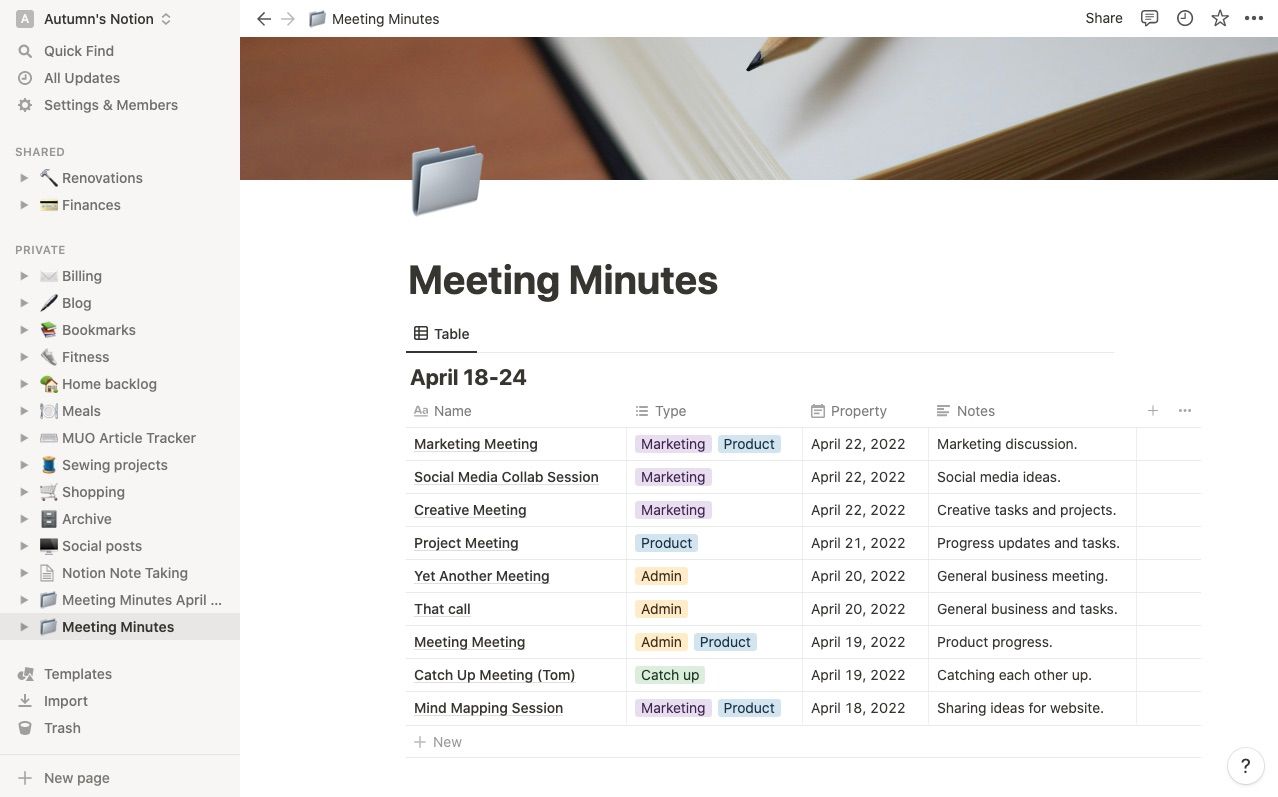 Таблица с заметками