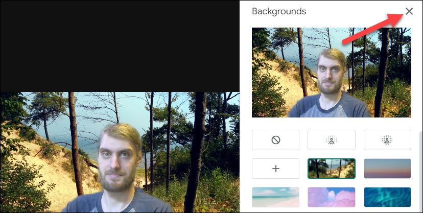 Кнопка закрытия панели фонов в Google Meet