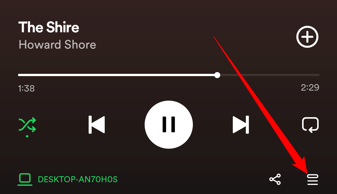 Кнопка очереди в мобильном приложении Spotify