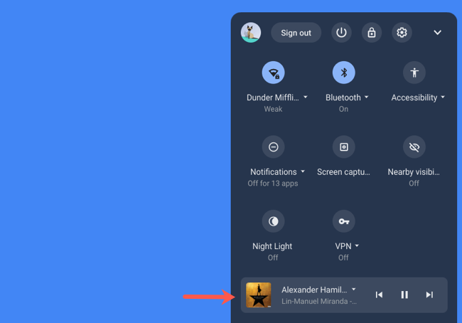 Виджет управления медиа в быстрых настройках Chromebook