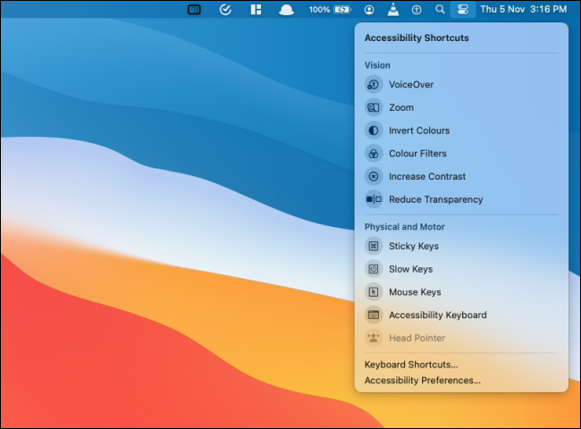 Ярлык специальных возможностей в Пункте управления на Big Sur