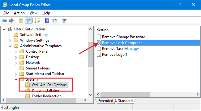 Параметр Remove Lock Computer в редакторе политик
