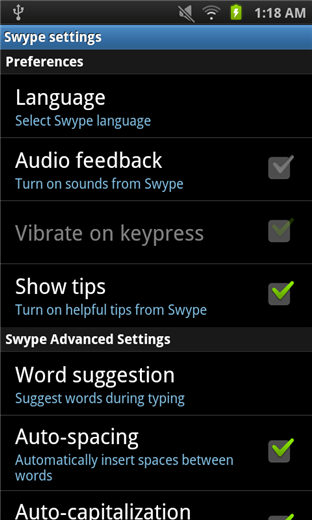 Экран параметров Swype с настройками словаря и подсказками