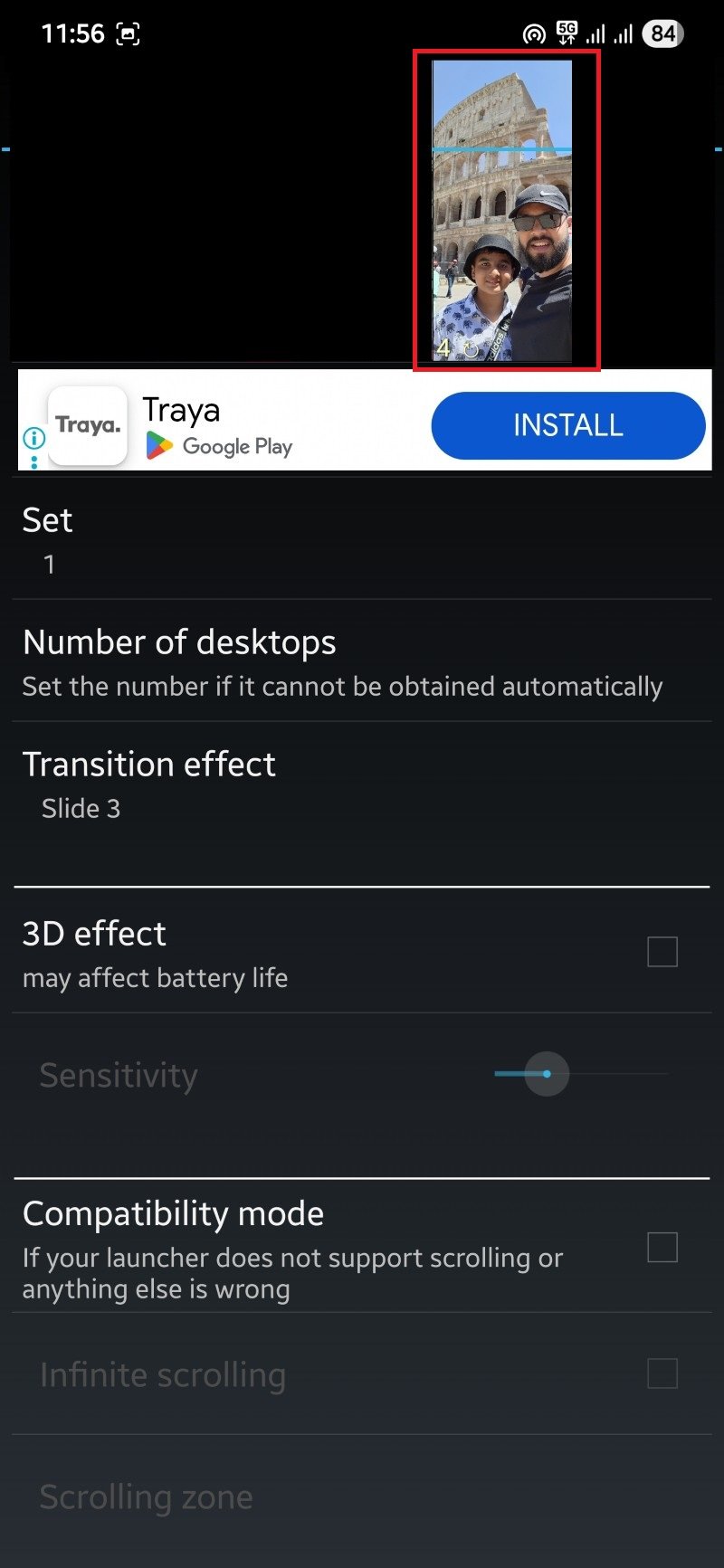 Schermata che mostra la selezione e modifica di un'immagine in FiveWallpapers