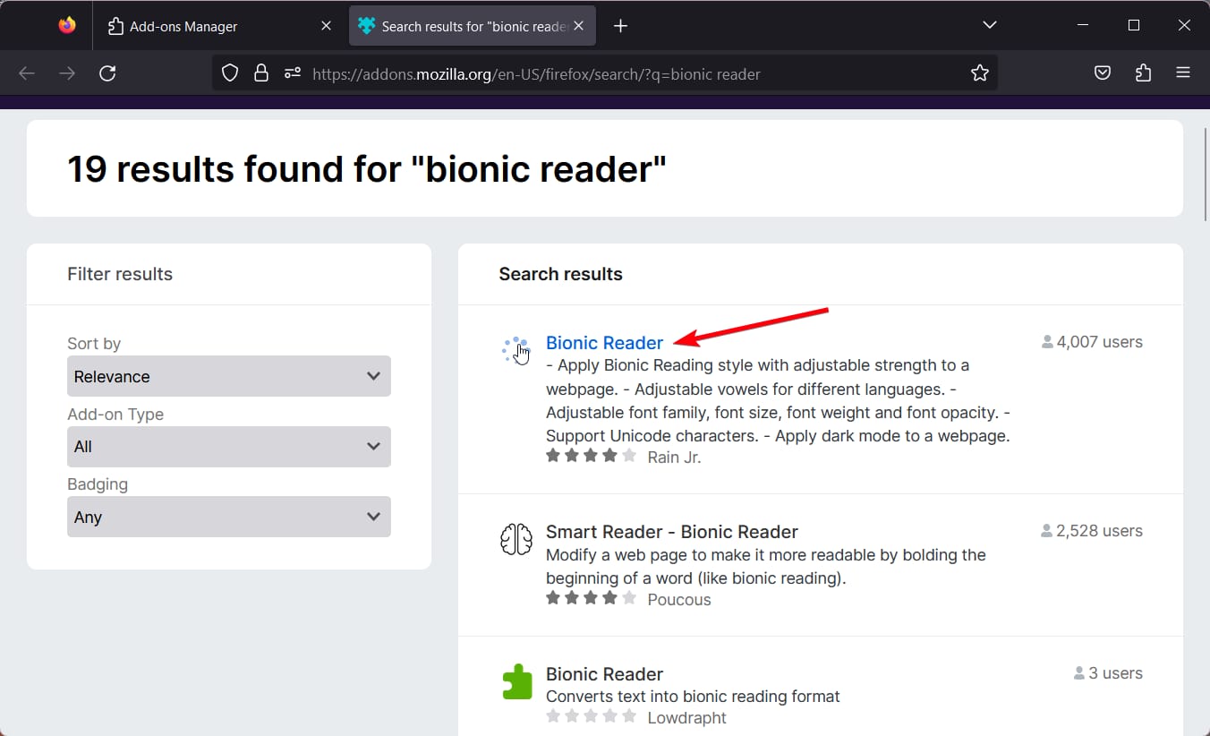 Страница результатов с оригинальным расширением Bionic Reader