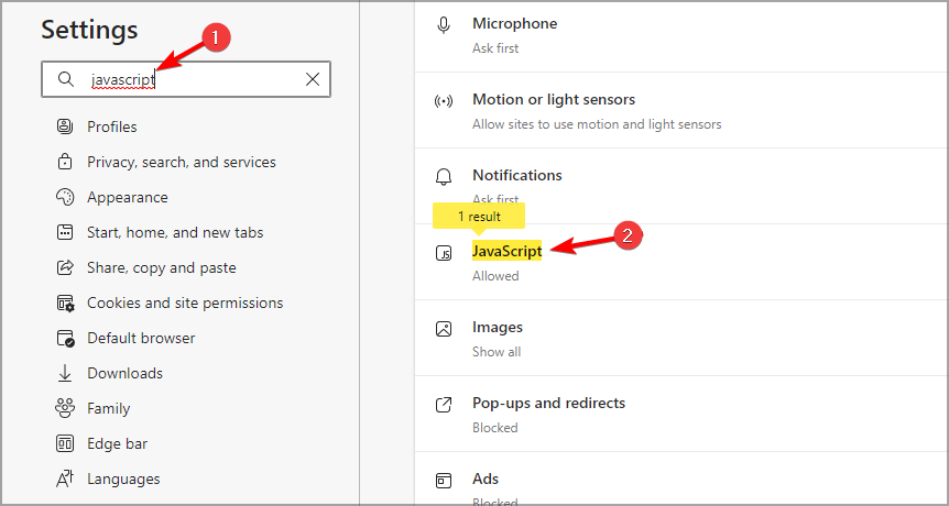 Снимок экрана: поиск JavaScript в Edge