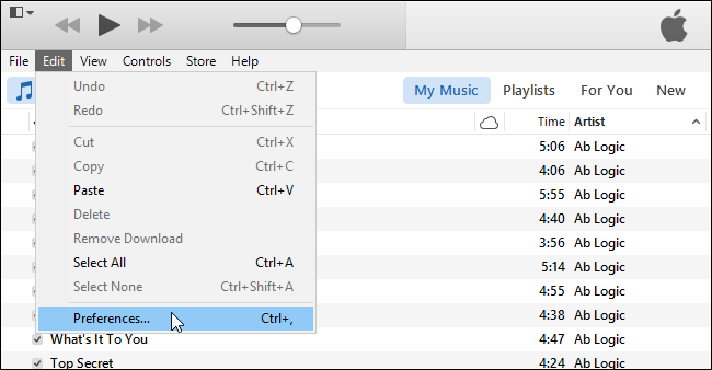 Выбор Preferences в iTunes