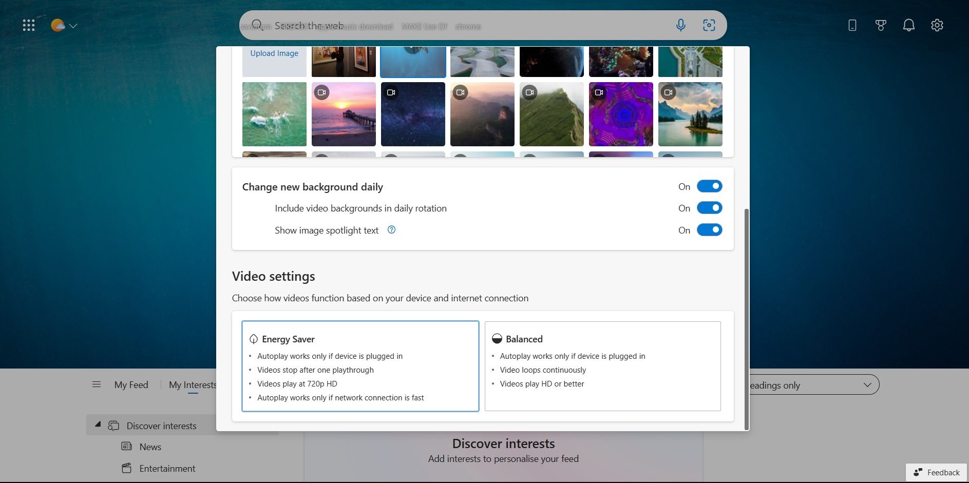 Параметры смены фонового видео в Microsoft Edge