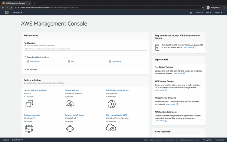 Главная консоль AWS с выделением Service