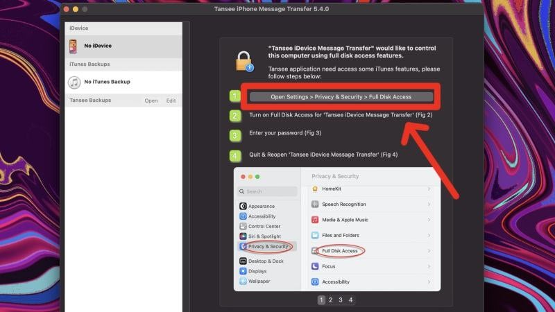 Включение полного доступа к диску для Tansee на Mac