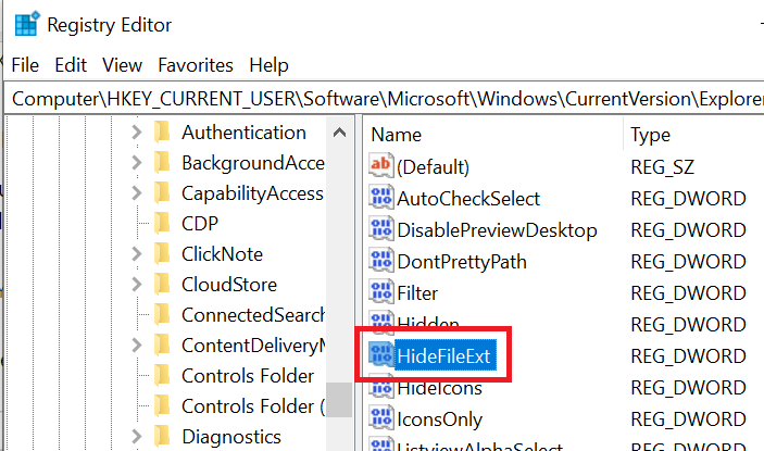 Editor del Registro con il valore HideFileExt selezionato