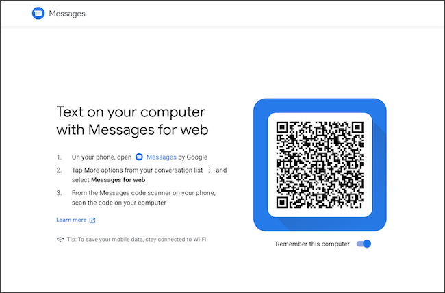 Откройте QR‑код для связи Android Messages и Chromebook