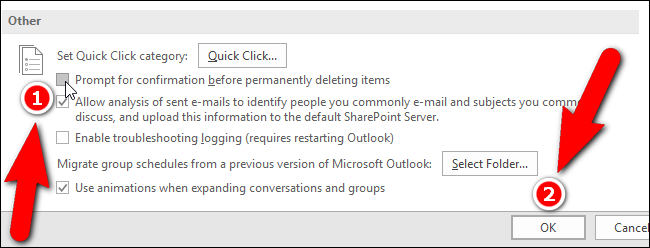 Снятие флажка подтверждения удаления в настройках Outlook