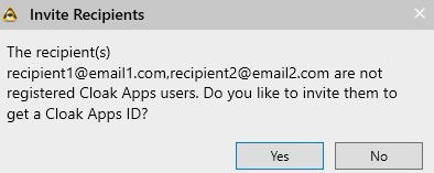 Сообщение об ошибке, если получатель не зарегистрирован в Cloak; предлагается отправить ссылку для установки