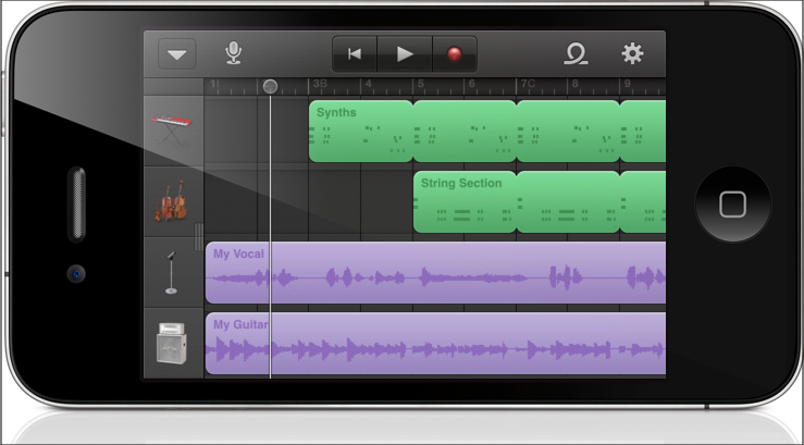 Интерфейс GarageBand на iPhone с виртуальными инструментами