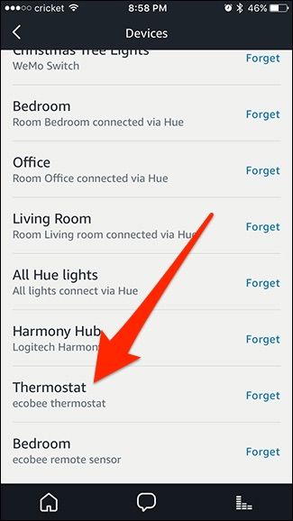 Ecobee в списке устройств Alexa