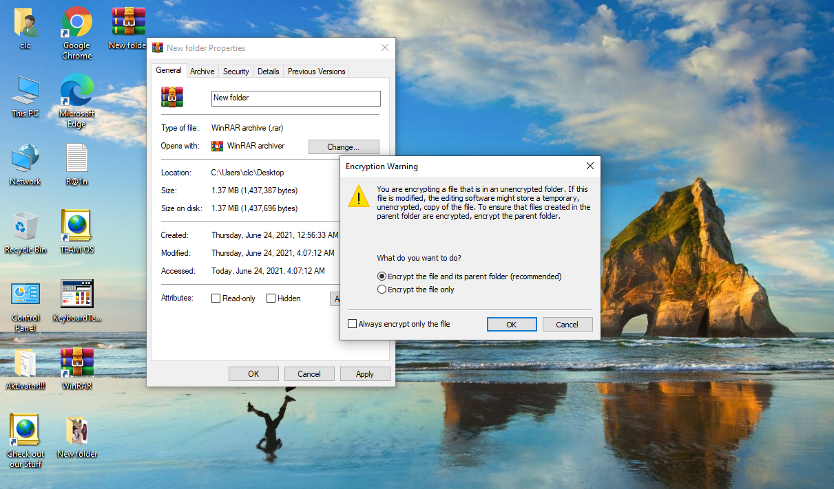 Окно предупреждения о шифровании и сертификате ключа