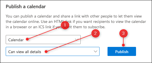 Параметры «Опубликовать календарь» в Outlook