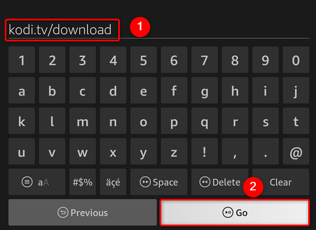 Ввод URL kodi.tv/download в строке Downloader.