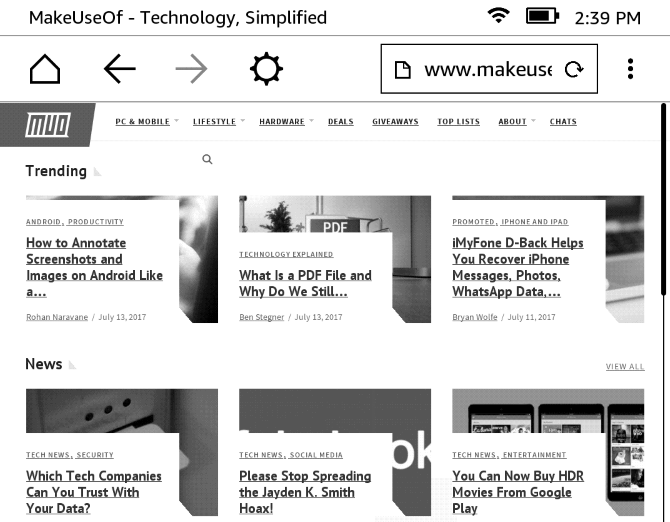 Экспериментальный веб-браузер в Kindle Paperwhite