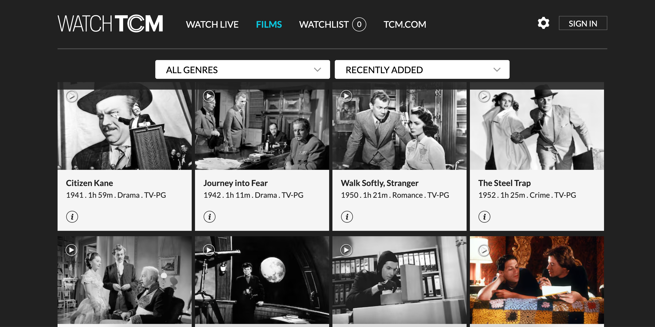 Логотип и интерфейс Turner Classic Movies с выбором фильмов сервиса Watch TCM.