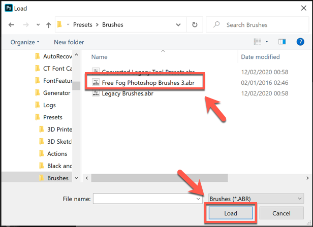 Выберите набор кистей и нажмите Load, чтобы загрузить их в Photoshop