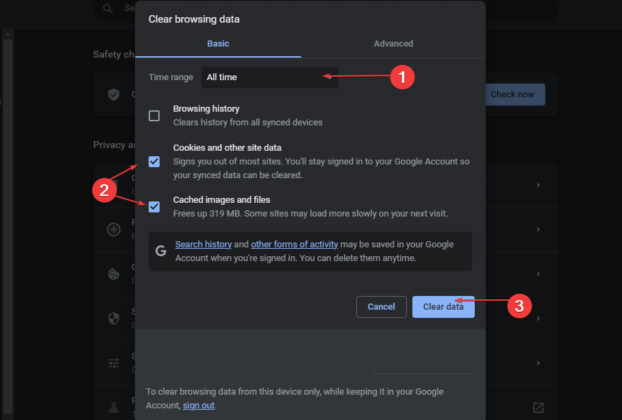 Окно очистки данных в Chrome