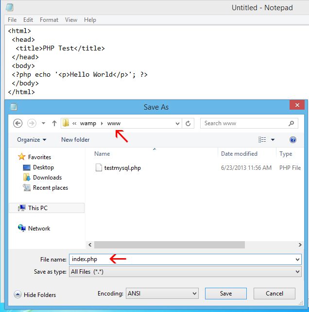 Сохранённый файл index.php в папке www WampServer