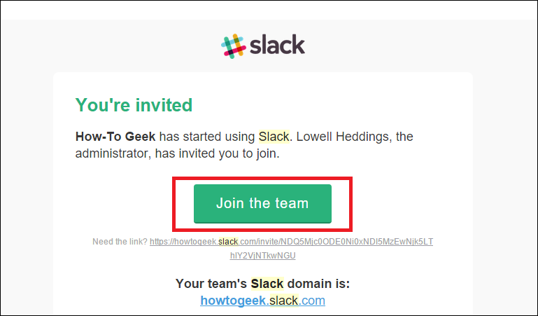 Шаблон письма-приглашения в рабочее пространство Slack