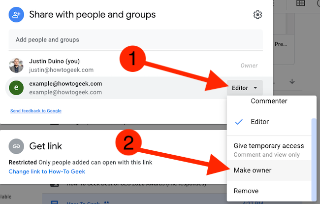 Снимок: выпадающее меню прав доступа, опция Сделать владельцем